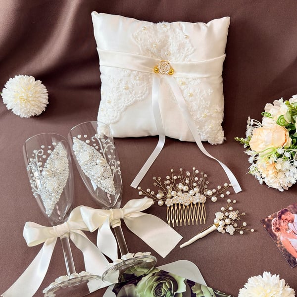 Wedding Essentials Set, Bridal Gift Box, Ring Pillow and Champagne Flutes