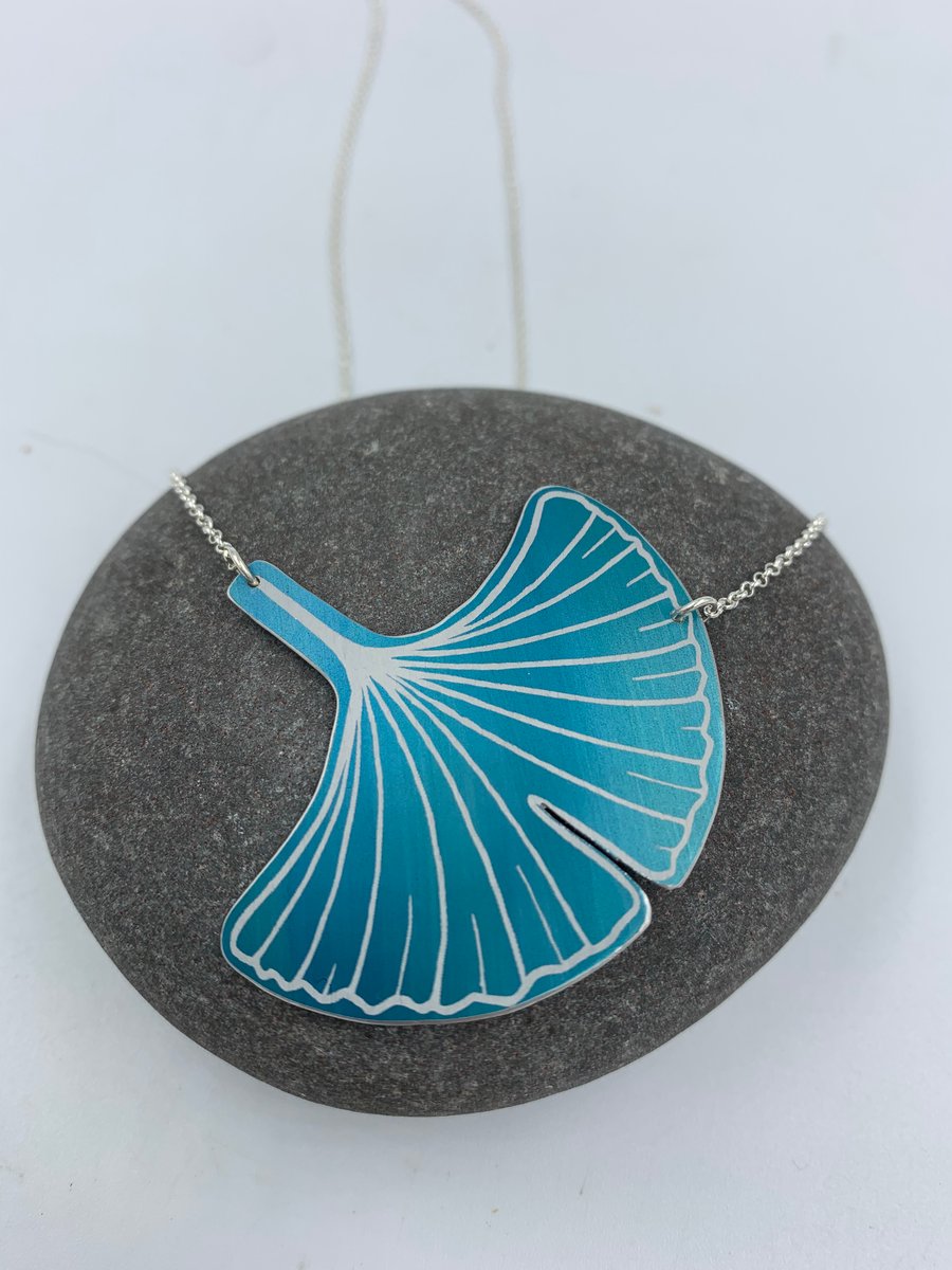 Dark teal aluminium  ginkgo pendant