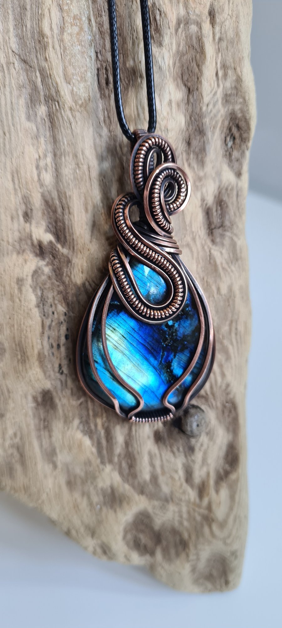 Handmade Large Natural Blue Labradorite & Copper Statement Necklace Pendant Gift