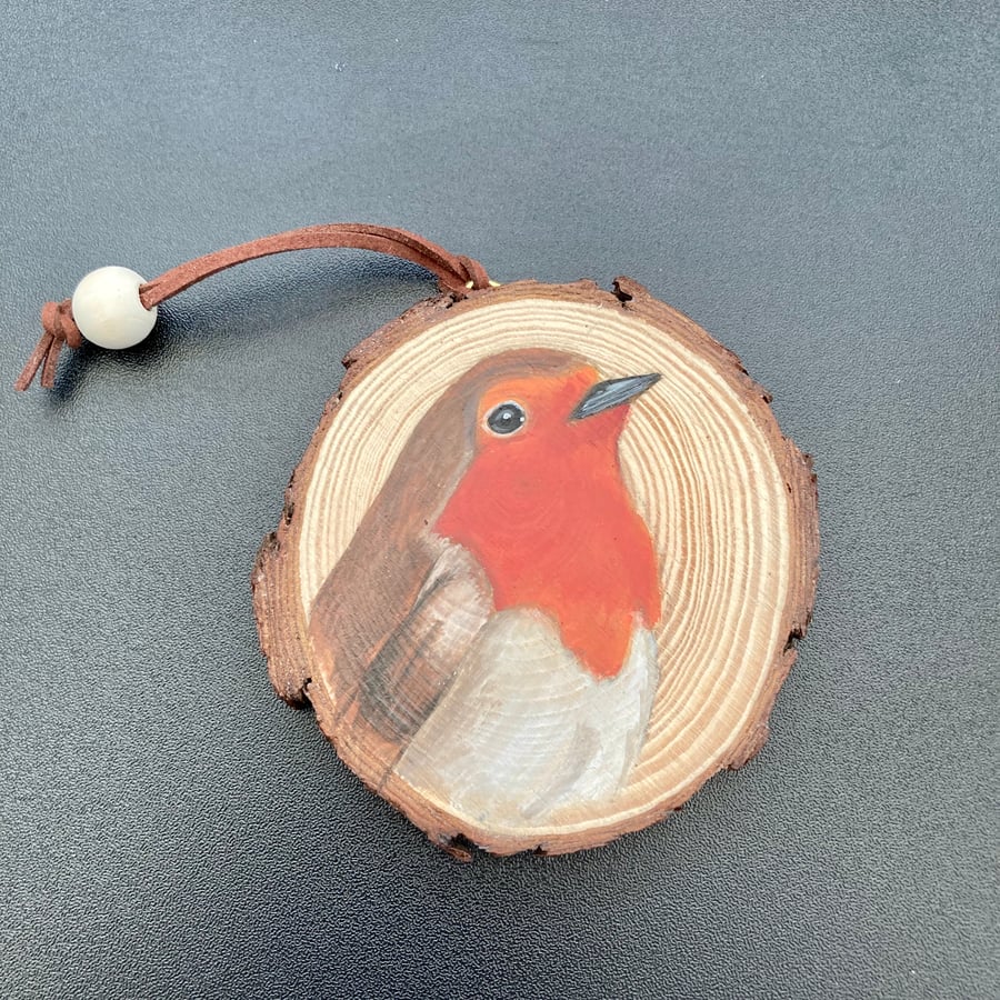 Robin hand-painted wood slice hanging decoration 