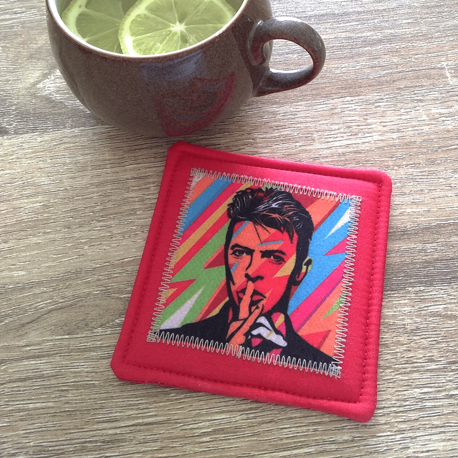 Bowie fabric mug coaster in red, drinks coaster, gift for home, POSTAGE INCLUDED