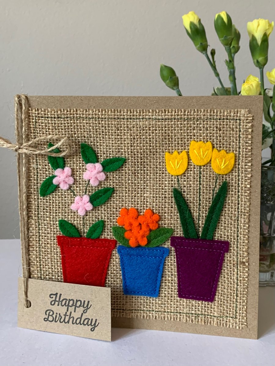 Birthday Card. Handmade. Three colourful pots with flowers from wool felt.