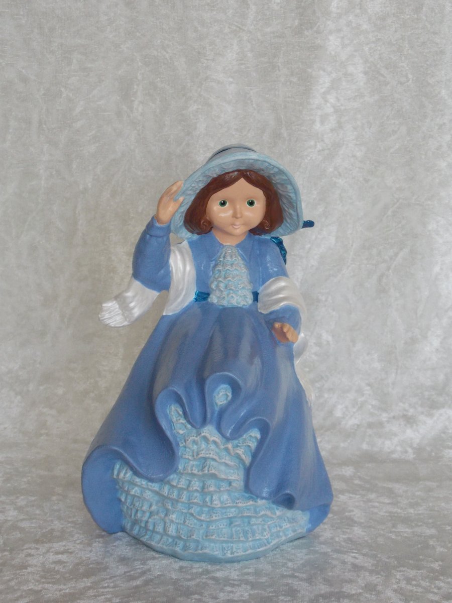 Hand Painted Standing Ceramic Figurine Lady Spring Autumn In Blue Ornament.
