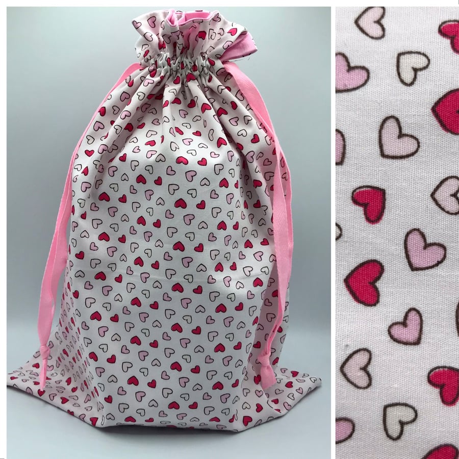 Pink and White Hearts Fabric Reusable Fully Lined Gift Bag - Large Size