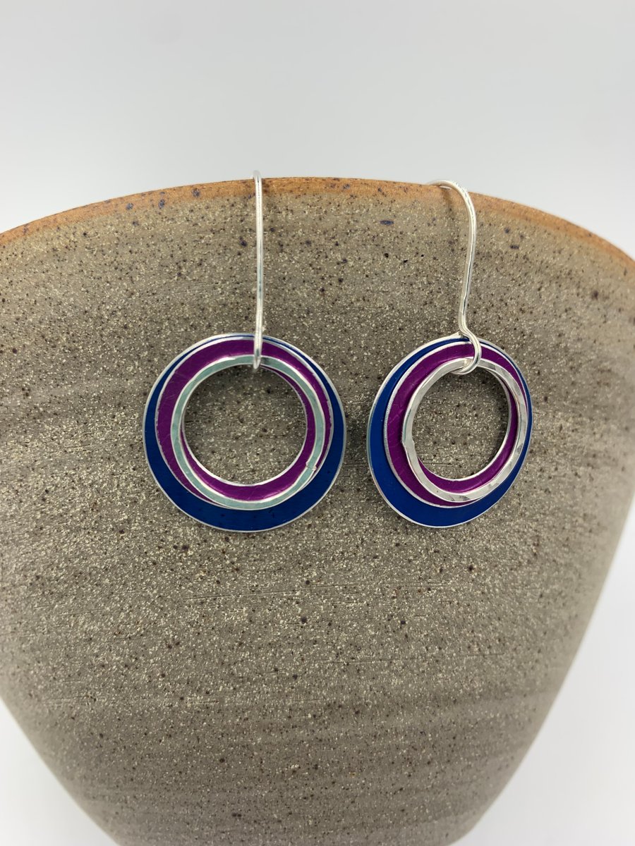 Large ‘ripples’ circle earrings in navy and pink with recycled silver ring