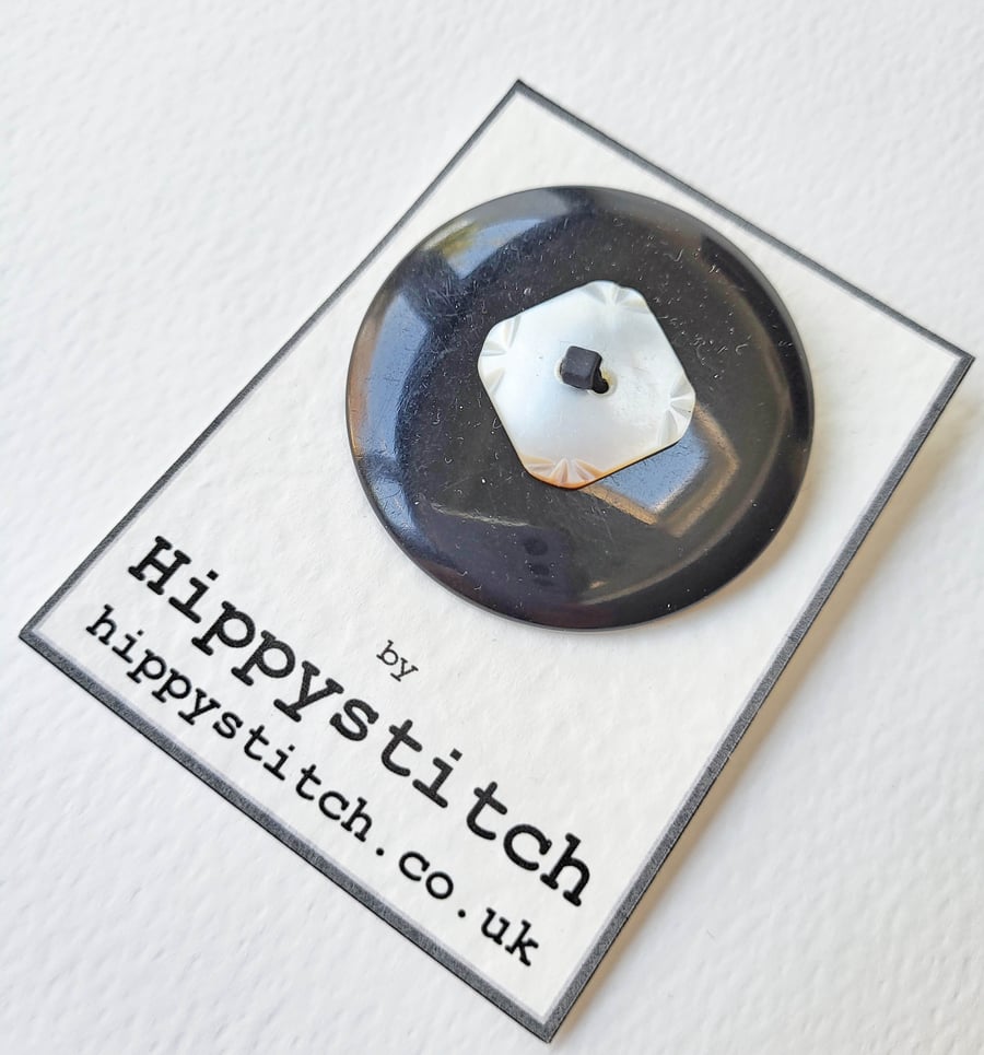 Black & Mother of Pearl Vintage Button Brooch 