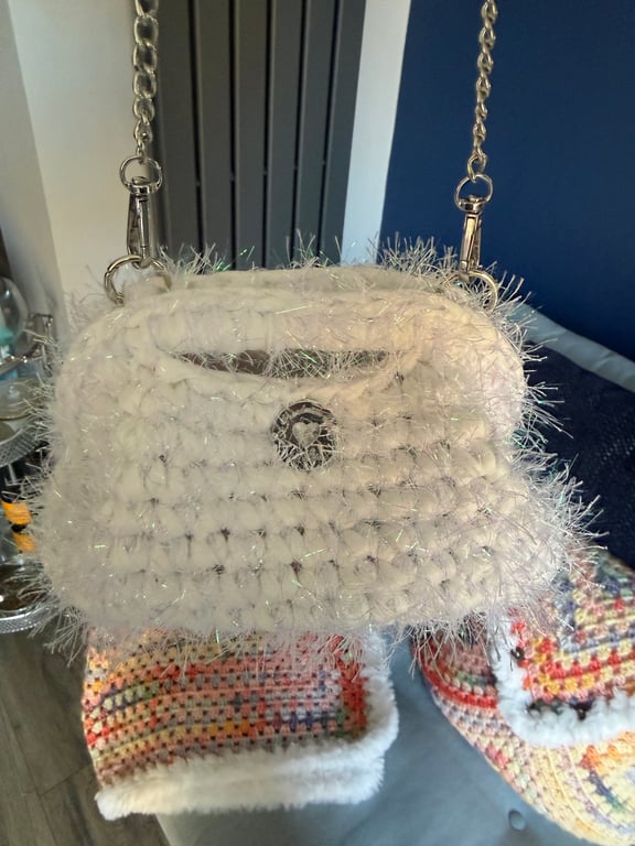 White Fluffy Sparkle Clutch Bag - Crochet Handbag - Handmade