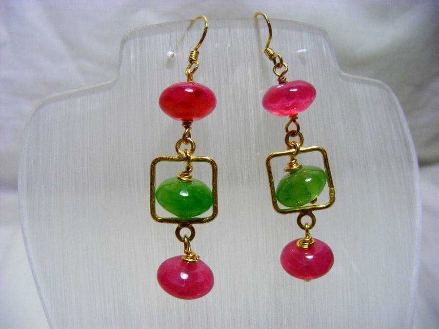 Pink and Green Gemstone Earrings