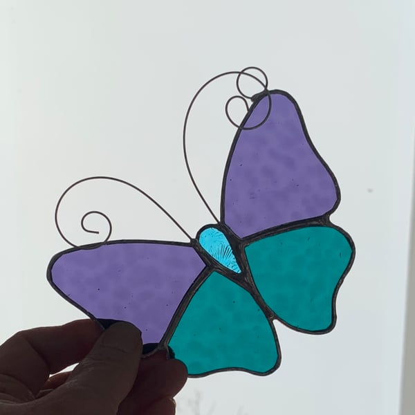 Stained Glass Butterfly Suncatcher - Handmade Decoration - Purple and Teal 