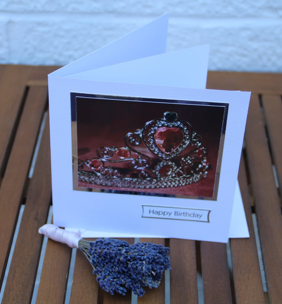 Pink Tiara birthday card, Photographic card,  6x6" card & envelope
