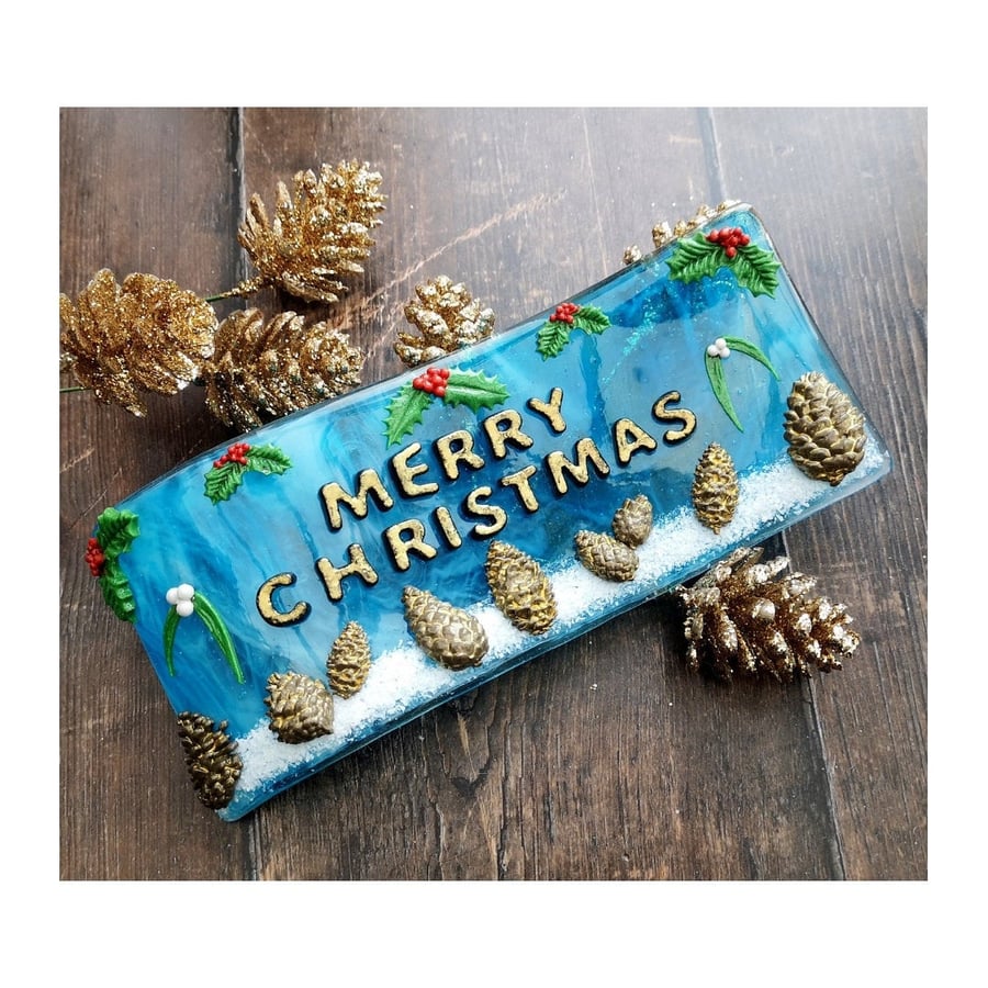 Handmade Fused Glass 3D Merry Christmas Free Standing Curved Picture Decoration