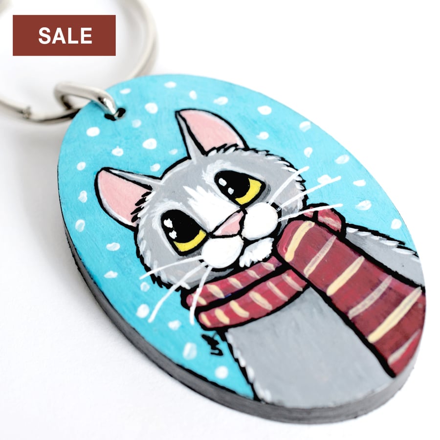SALE - Winter Cat with Scarf - Handpainted Wooden Keyring