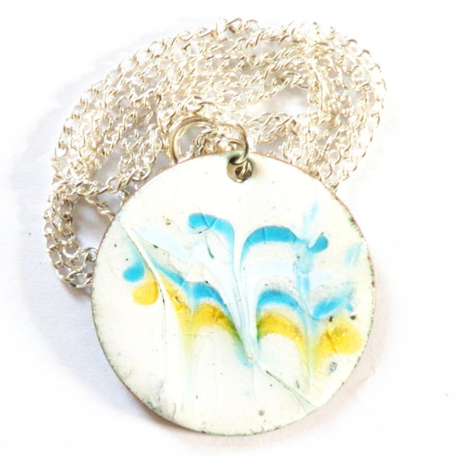 medium round pendant - scrolled pale blue and yellow over white