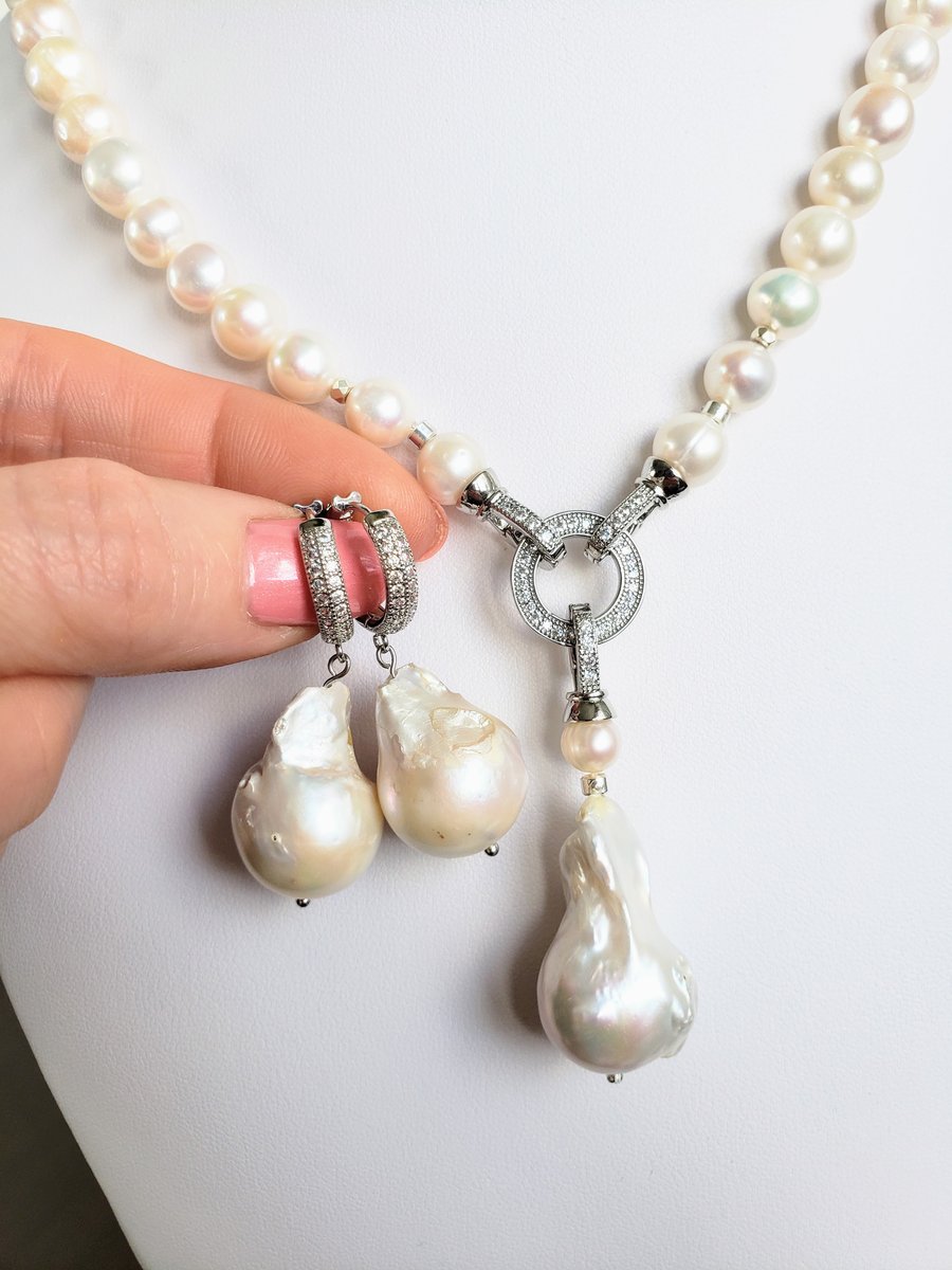 Pearl Set Necklace Baroque Pearl Pendant Gold Rhodium Plated Pearl Necklace