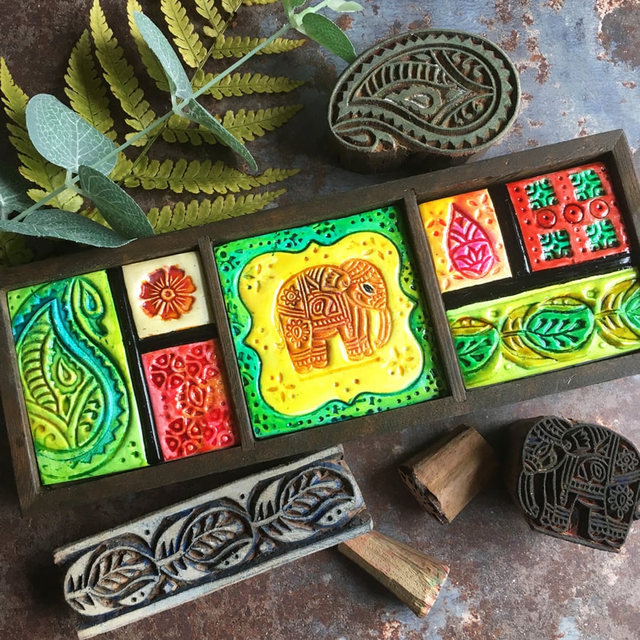 Elephant artwork with handmade tiles. Indian elephant triptych.