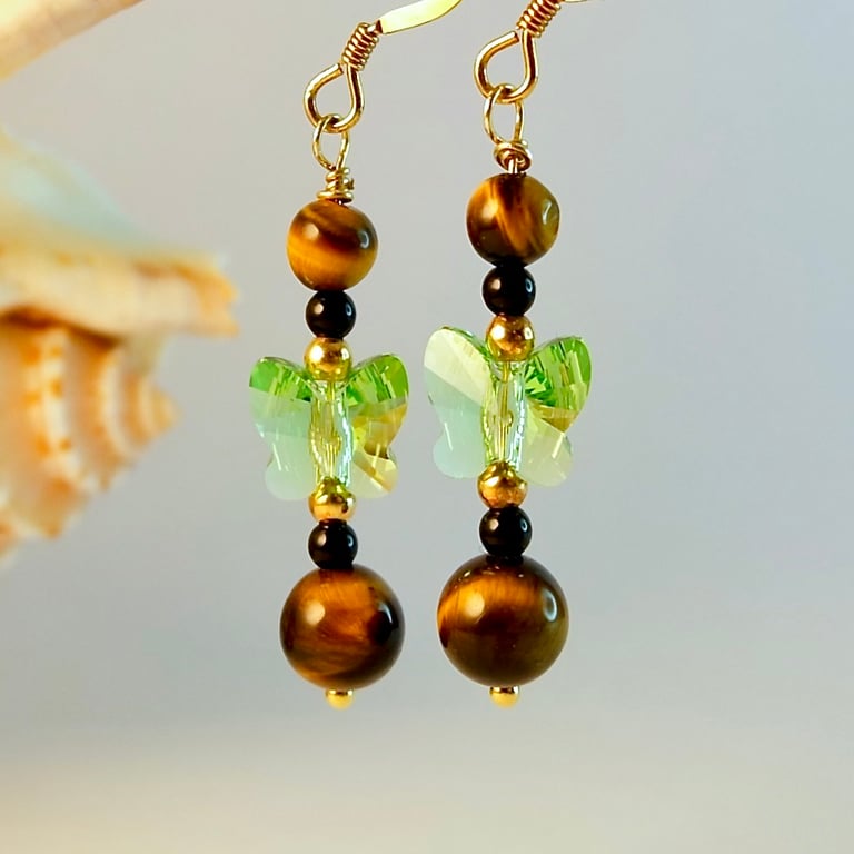 Tigers Eye Earrings With Crystal Butterfly, Birthday, Anniversary, Gift For Her