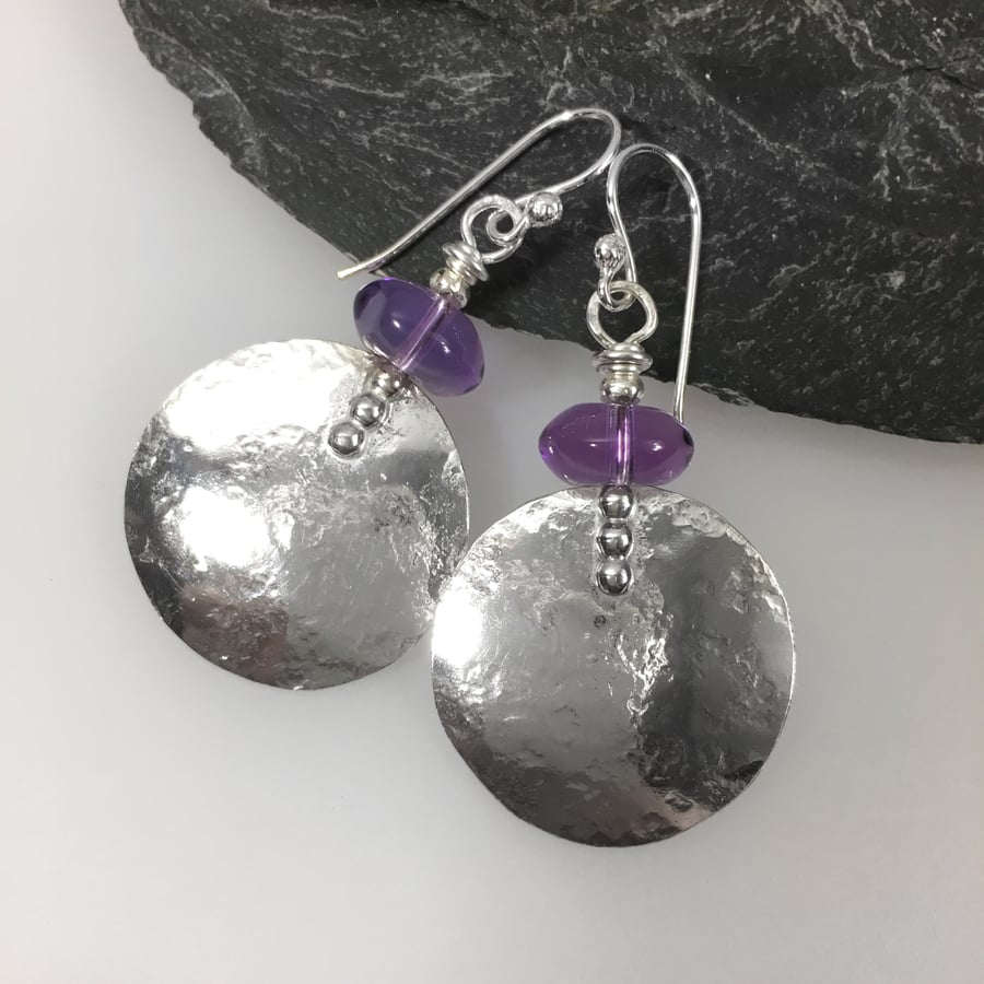 Large round silver and purple amethyst earrings 