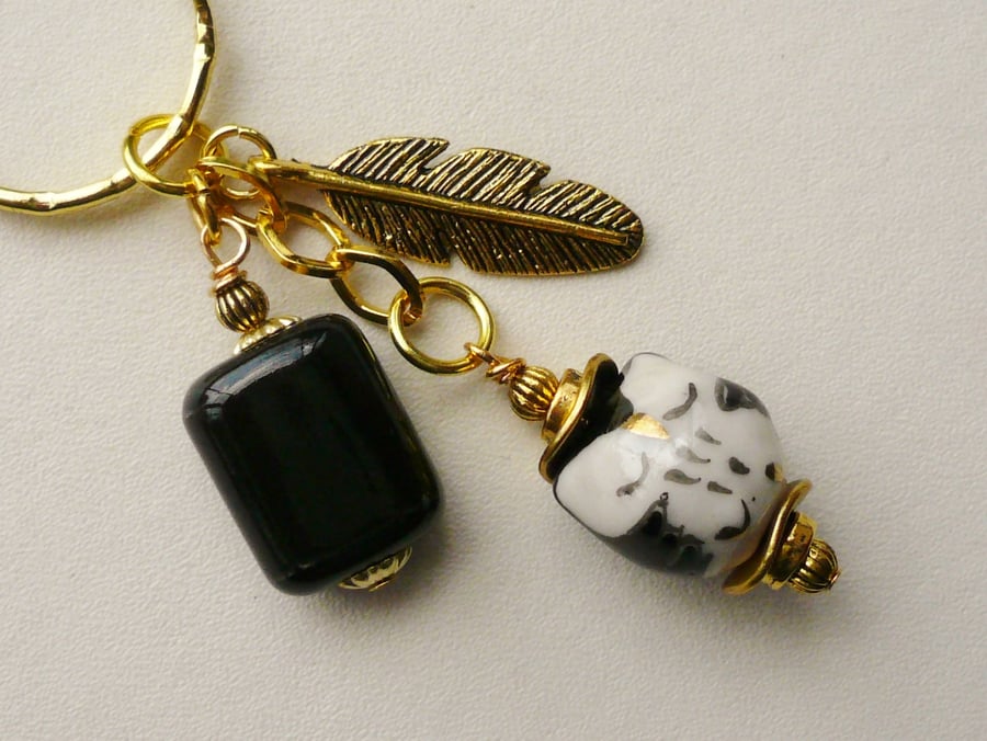 Black White and Gold  Ceramic  'Little Owl' Keyring Bag Charm   KCJ1000
