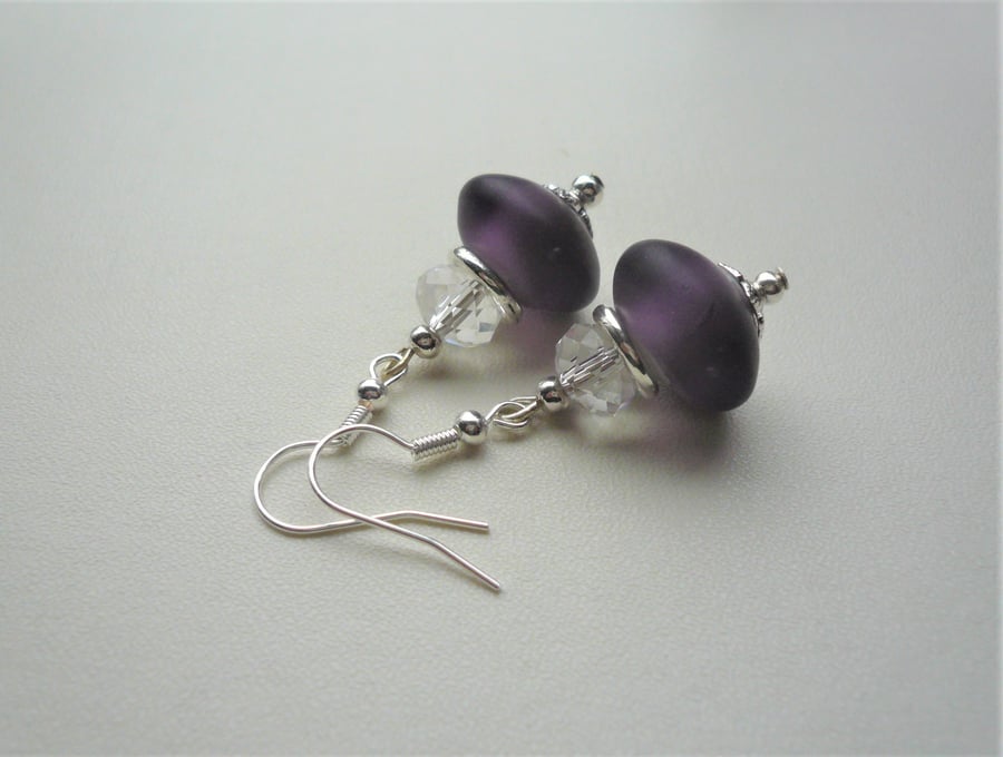 Purple Frosted Glass Rondelle Clear Faceted Bead Silver Earrings   KCJ3647