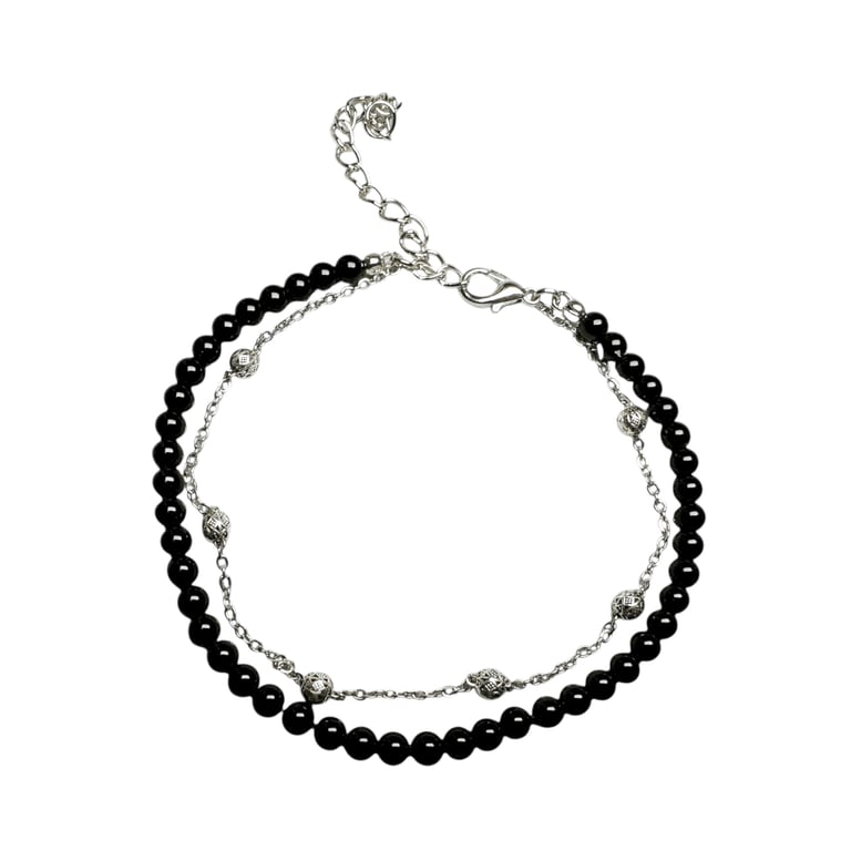 Black Onyx & Lava Stone Bracelet – Double Layer Silver Chain – Unisex Jewellery