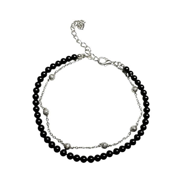 Black Onyx Beaded Bracelet: Silver Lava Stone, Double Layer Chain