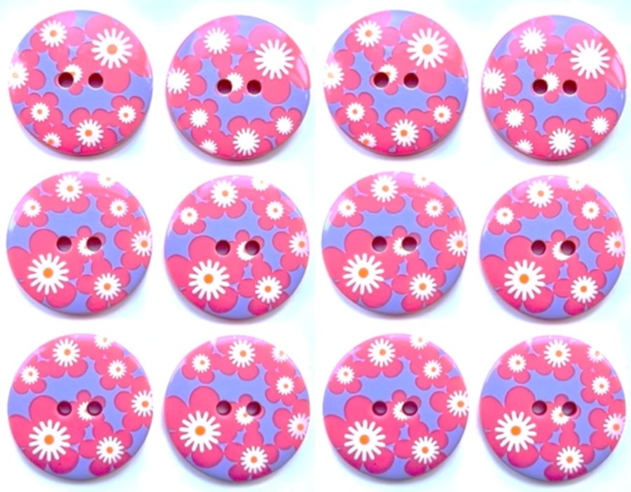 Bag of 12 Flower Design Buttons, Flowers on Pink, Large 23mm Wide