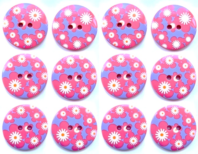 Bag of 12 Flower Design Buttons, Flowers on Pink, Large 23mm Wide