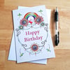 Rainbow Birthday Card - Colourful Doodle Flowers Hearts And Dragonflies