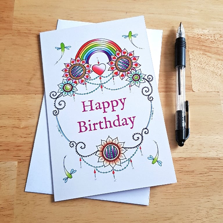 Rainbow Birthday Card - Colourful Doodle Flowers Hearts And Dragonflies