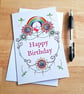 Rainbow Birthday Card - Colourful Doodle Flowers Hearts And Dragonflies
