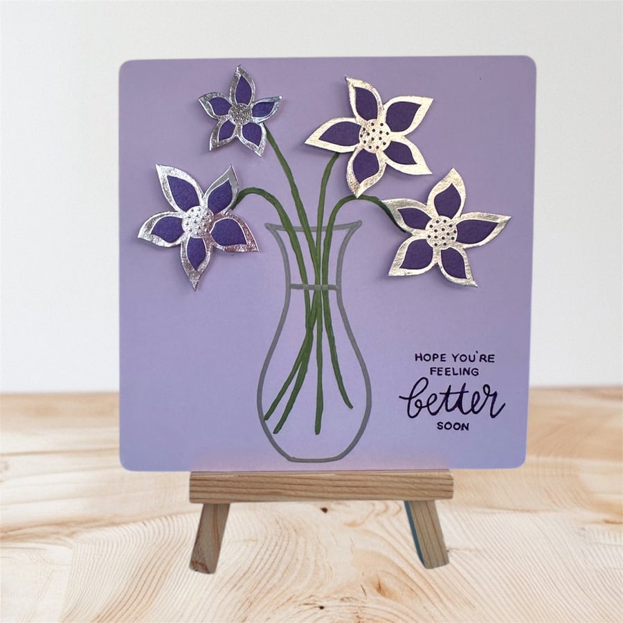 Get well card, vase of purple,  silver flowers Perfectly imperfect floral card.