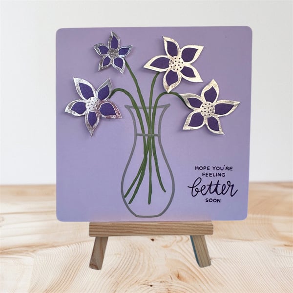 Get well card, vase of purple,  silver flowers Perfectly imperfect floral card.