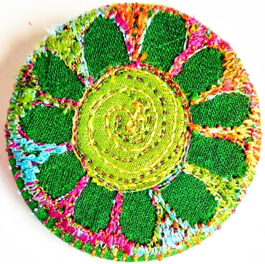 38mm Badge Hand Dyed Fabric Floral badge with Free Machine Embroidery 