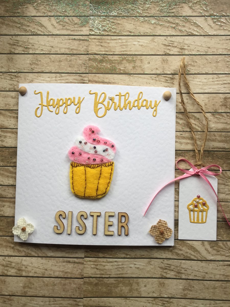 Cupcake  Birthday card and gift tag for Sister  