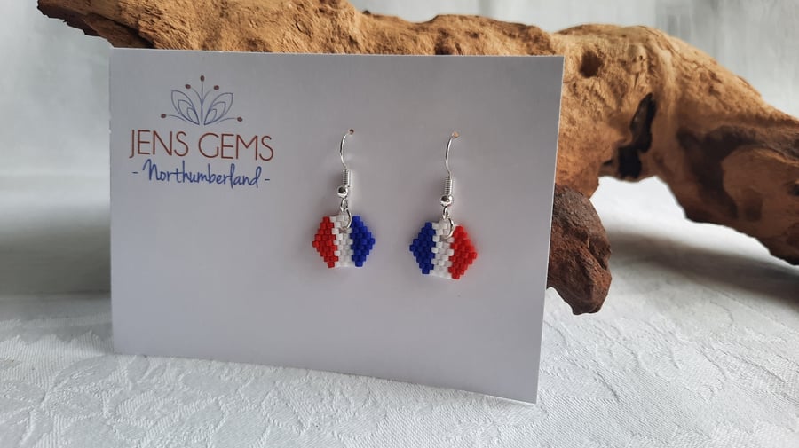 Red, White and Blue Hexagonal Beadwork Earrings