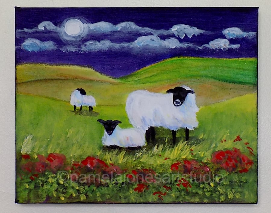 Sheep, in Moonlight, Brecon Beacons, Acrylic Painting, On 30 X 24 cm Canvas 