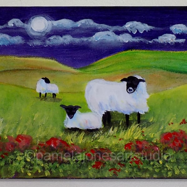 Sheep, in Moonlight, Brecon Beacons, Acrylic Painting, On 30 X 24 cm Canvas 