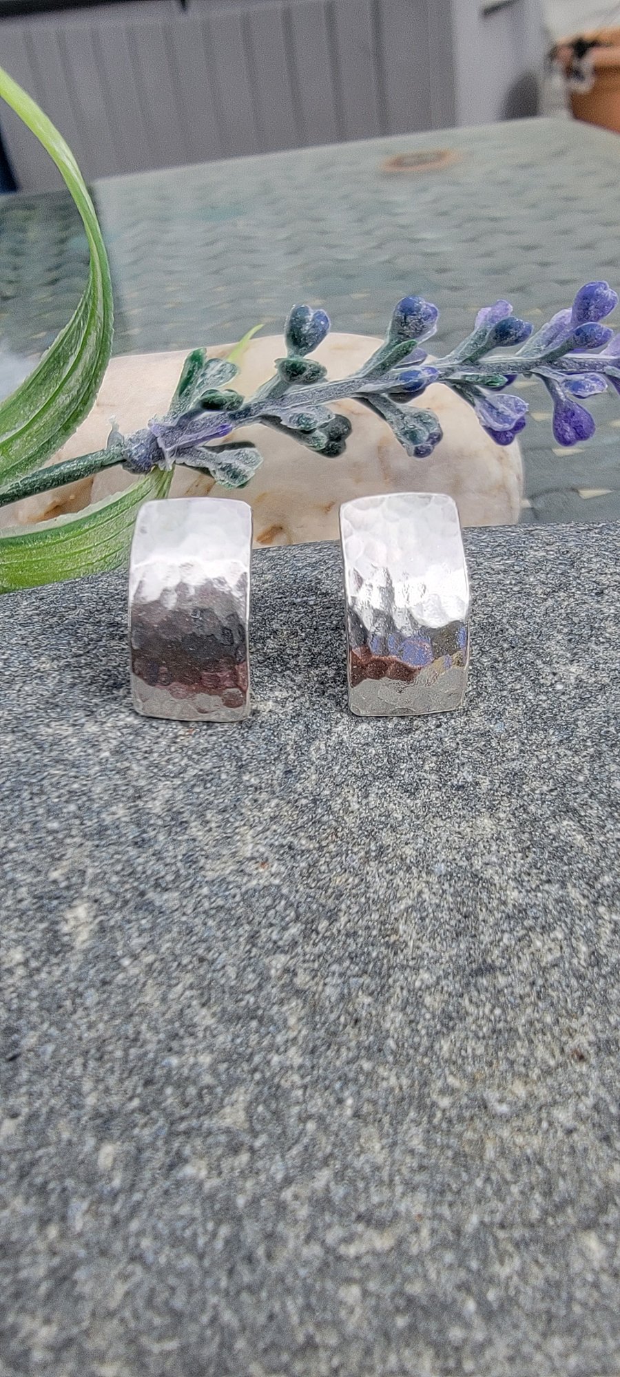 Sterling silver rectangle hammered stud earrings 