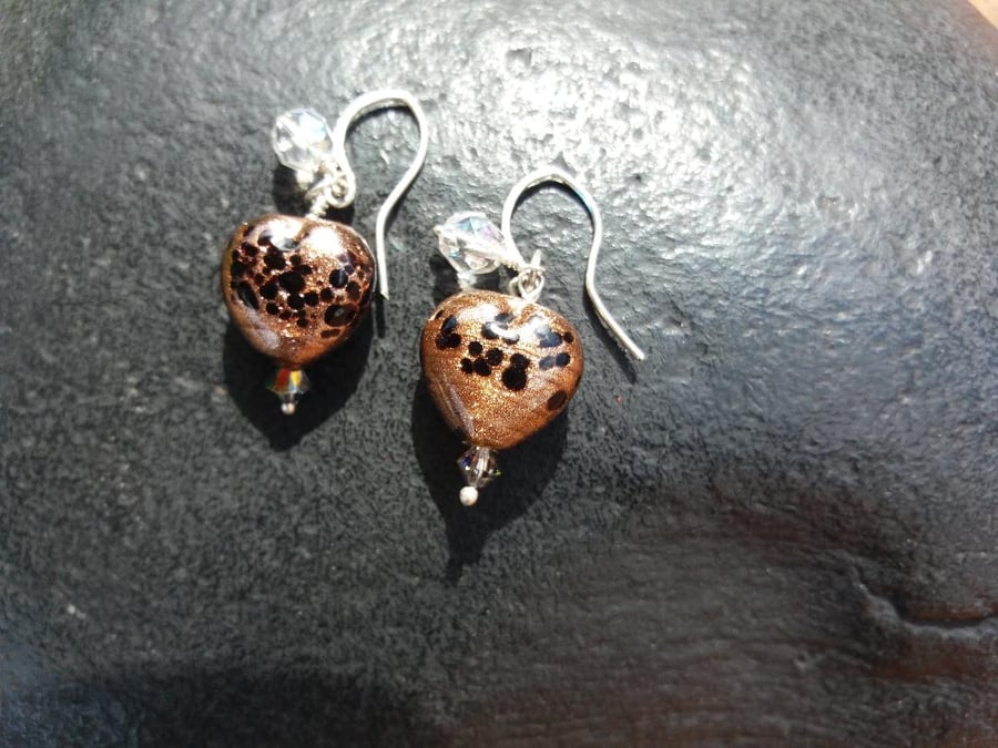 Sterling silver and brown glass heart beads