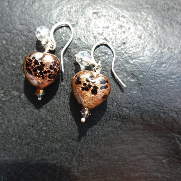 Sterling silver and brown glass heart beads