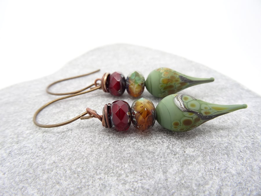 Lampwork Glass Earrings, Czech Glass Earrings, Burgundy Earrings, Green Earrings
