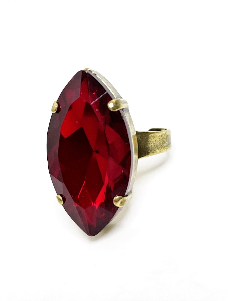 Large Red Siam Crystal Antique Brass Ring, Statement Ring