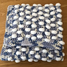 Crochet Blanket In Blues And White With Random Placed Fluffy Pom Poms (R840)