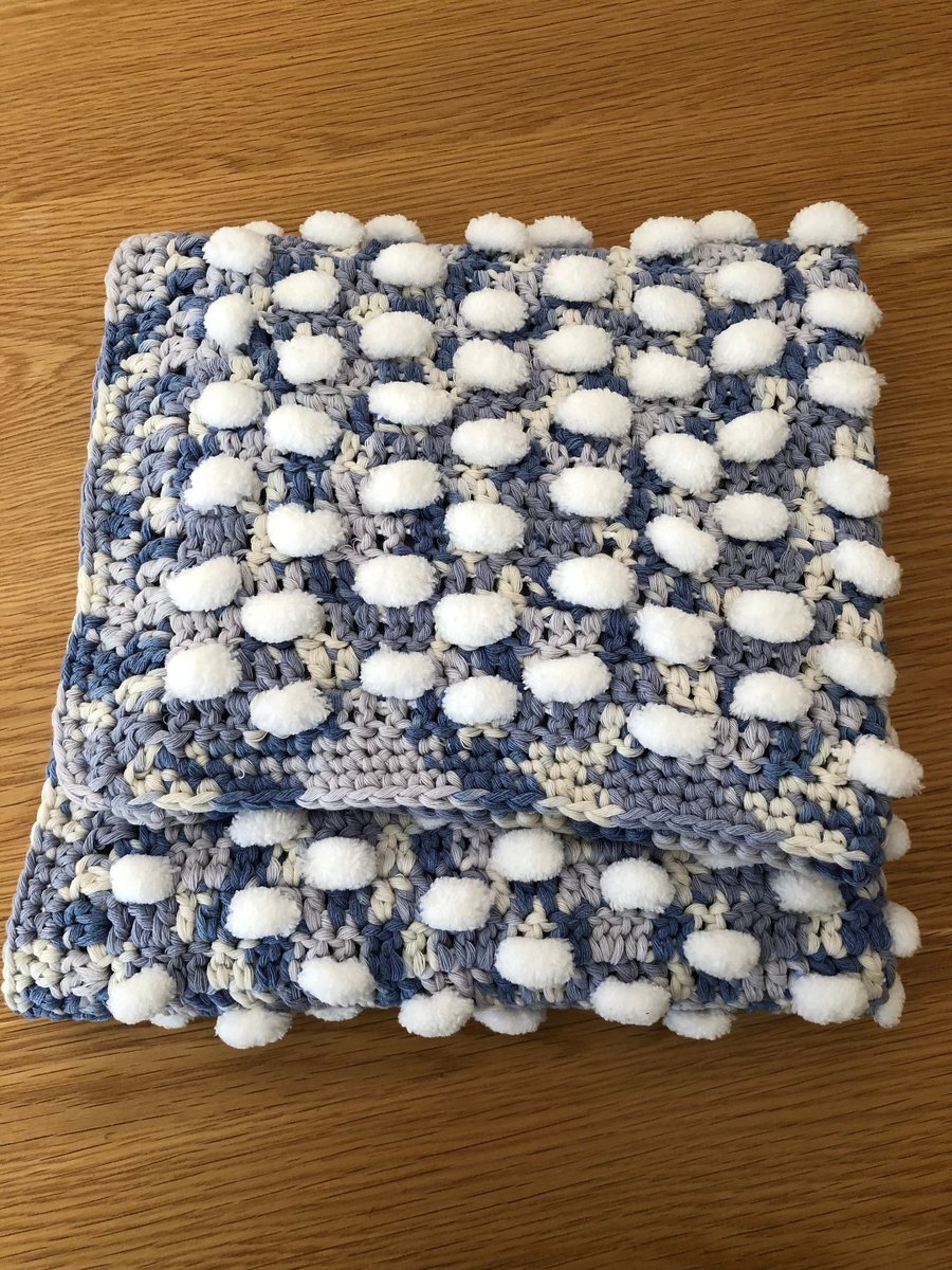 Crochet Blanket In Blues And White With Random Placed Fluffy Pom Poms (R840)