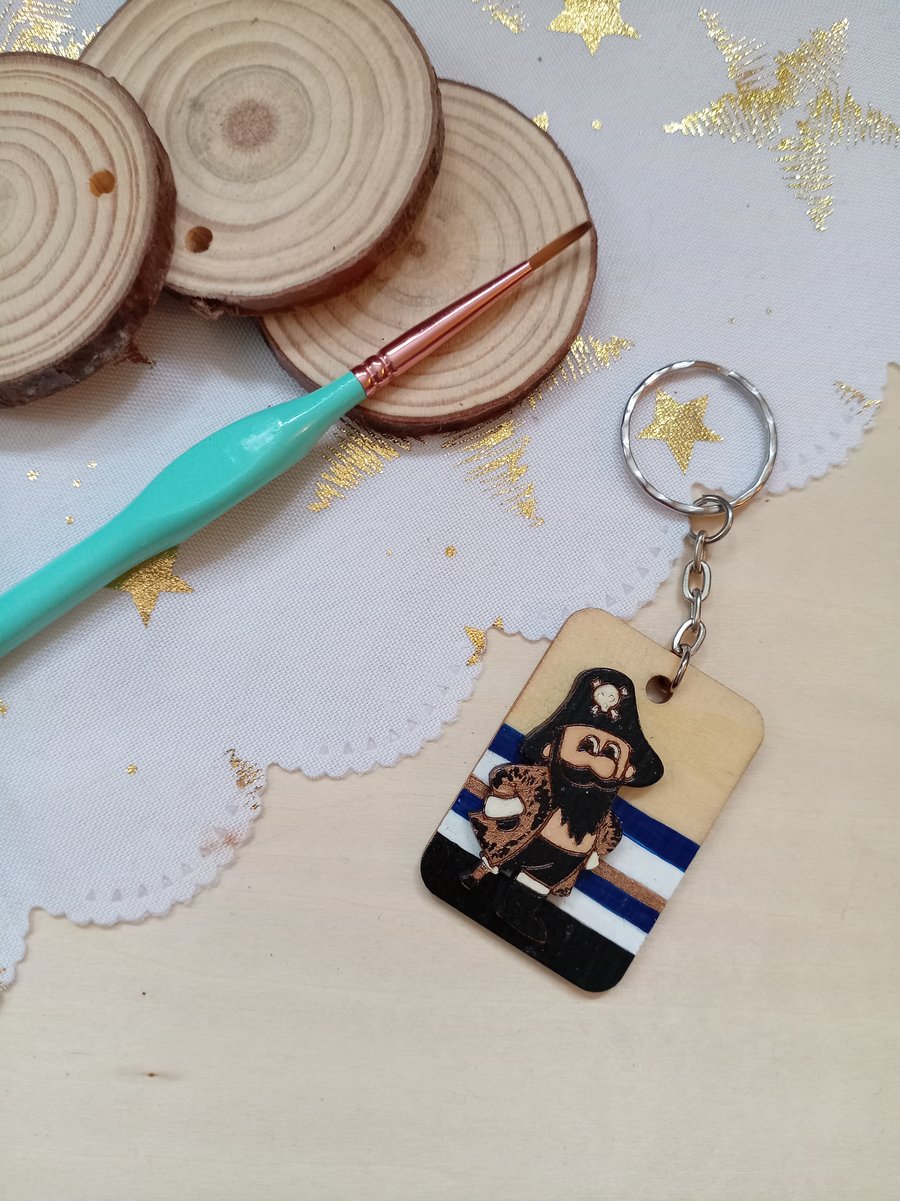 Wooden rectangular bronze jacket pirate keyring 