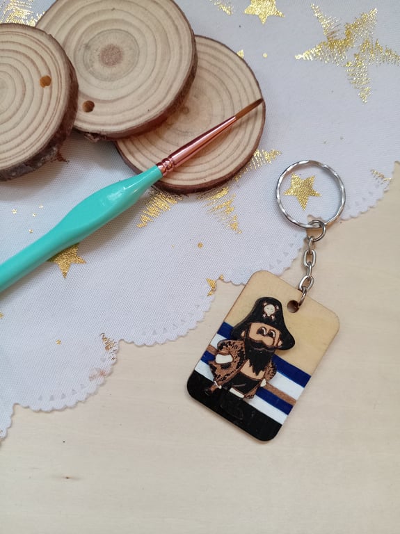 Wooden rectangular bronze jacket pirate keyring 