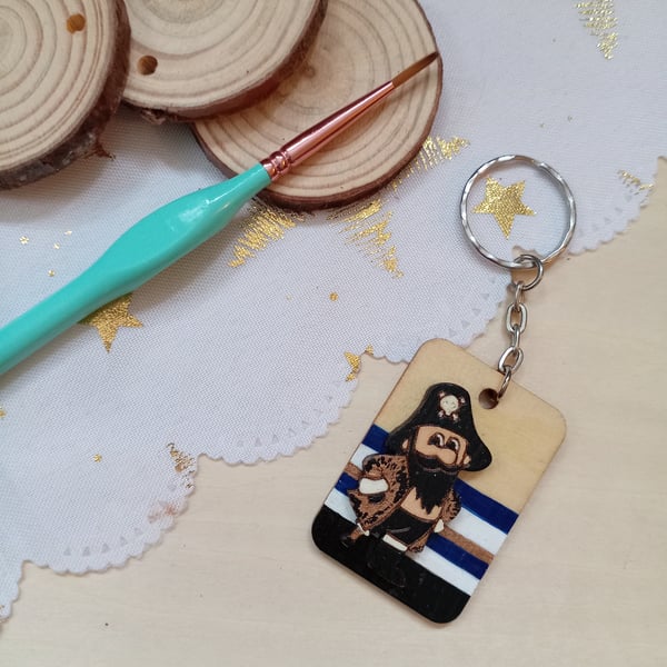 Wooden rectangular bronze jacket pirate keyring 