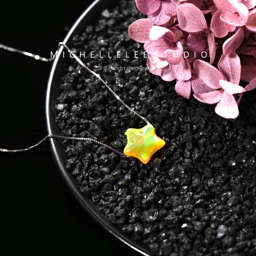 Large Yellow Star 3D Fire Opal Necklace with 925 Sterling Silver Chain
