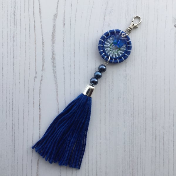 Bag Charm with Handmade Tassel and Dorset Button in Blue