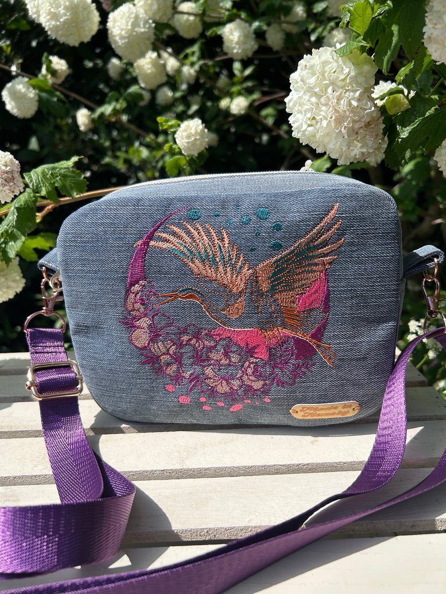 Denim Crossbody Bag - flying crane